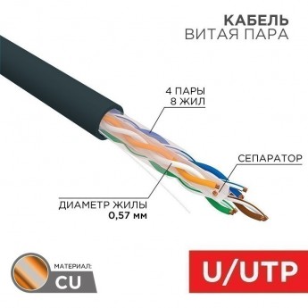 Кабель витая пара REXANT U/UTP, CAT 6, PE, 4PR, 23AWG, OUTDOOR, SOLID, черный, 305м